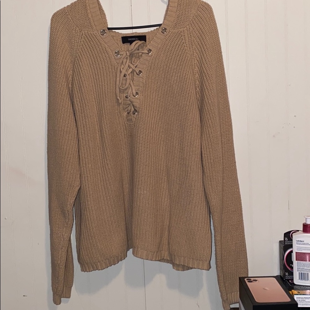 NWOT beige hooded sweater with lace up - Picture 2 of 2